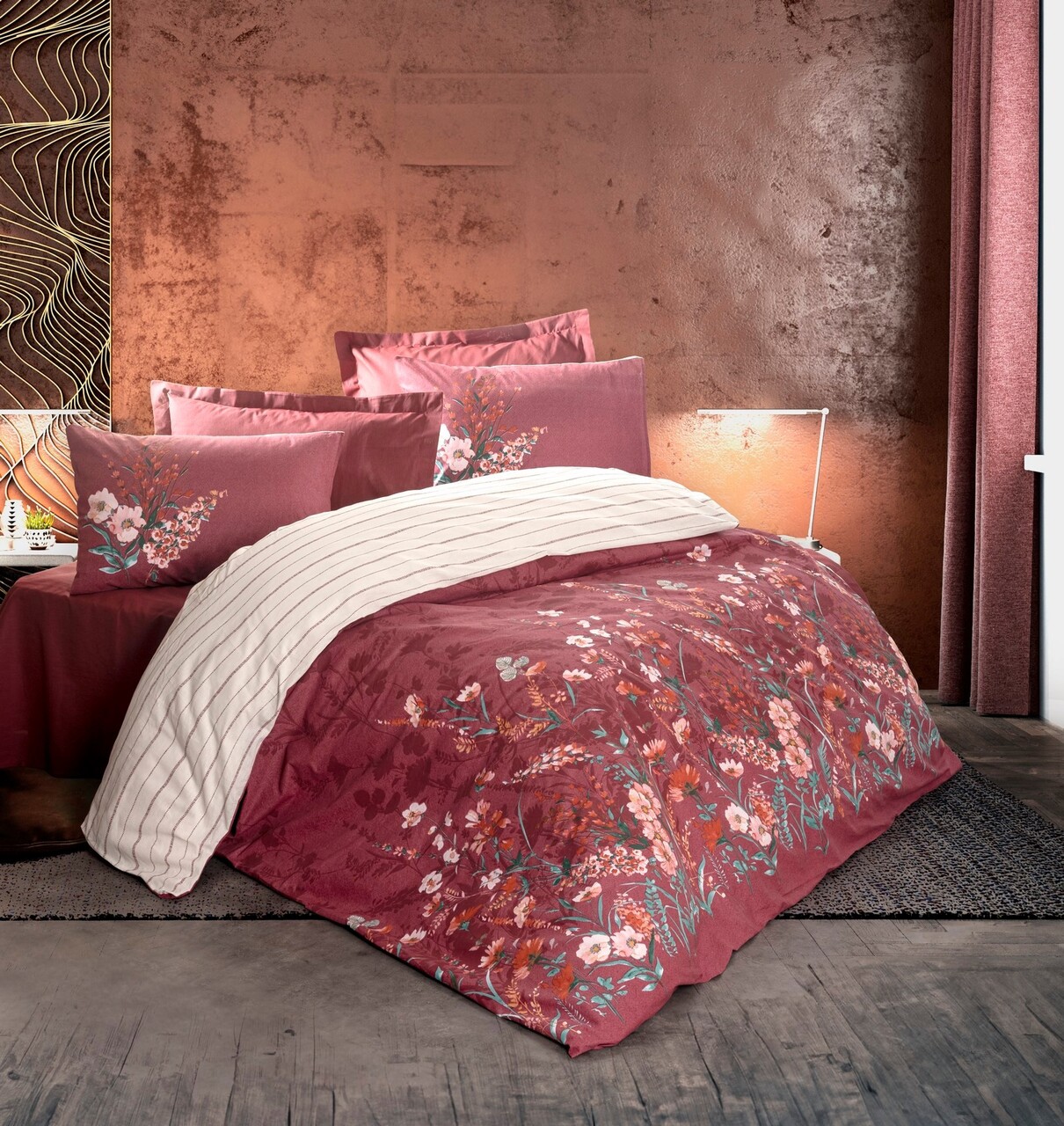 Lenjerie de pat pentru o persoana, L'essentiel Maison, Vina, Rosu claret - imagine 3